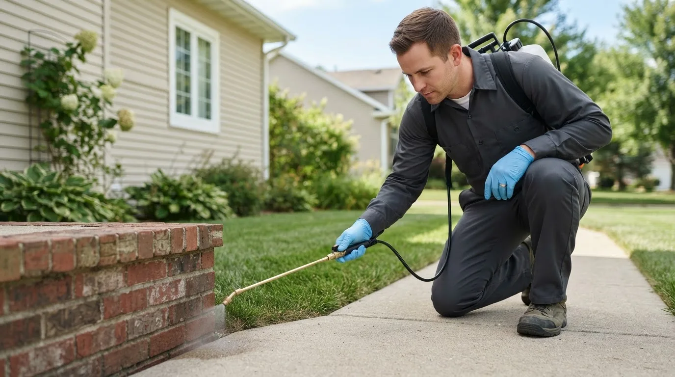 Pest control technician treating a home near Lockhart, TX